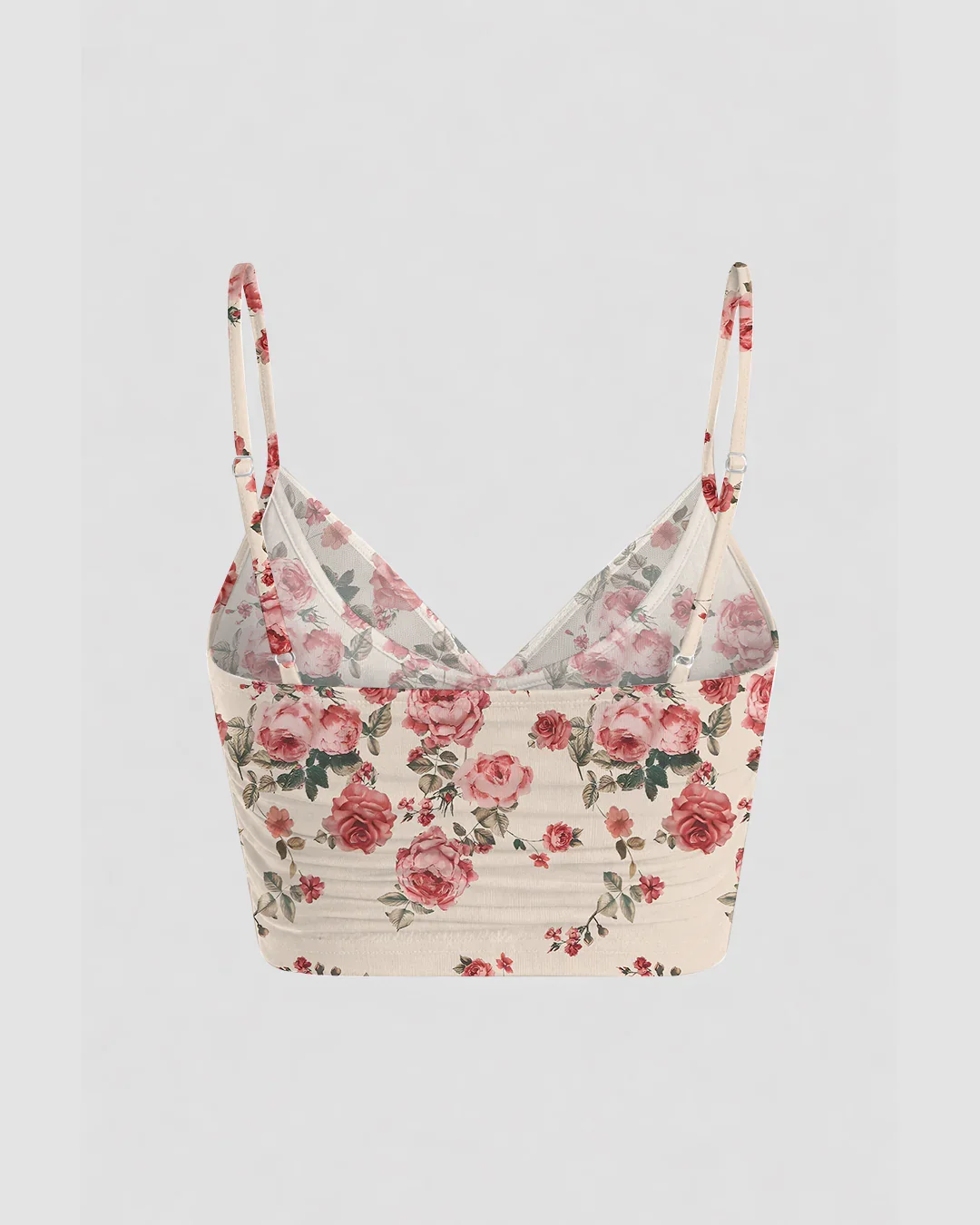 Mesh V-Neck Ruched Strappy Floral Crop Top - Image 3
