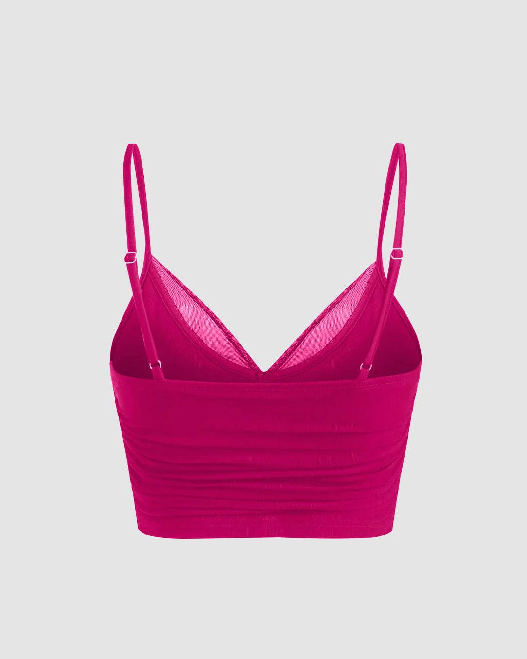Mesh V-Neck Ruched Strappy Hot Pink Crop Top - Image 3