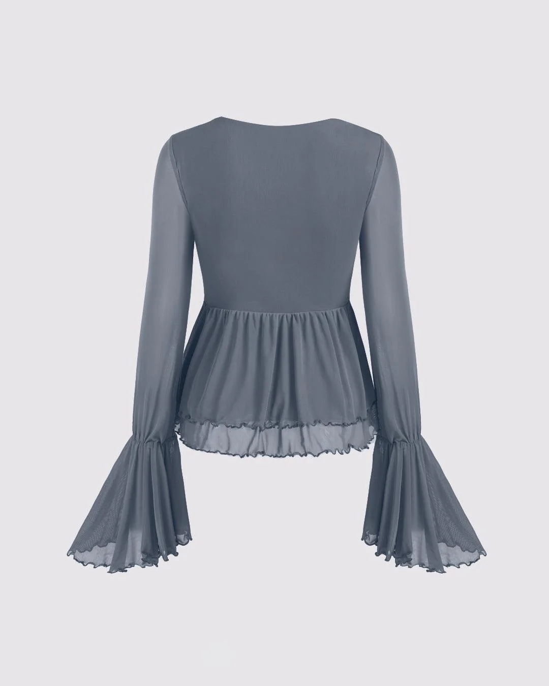 Mesh V-neck Ruffle Bell Sleeve Grey Top - Image 2