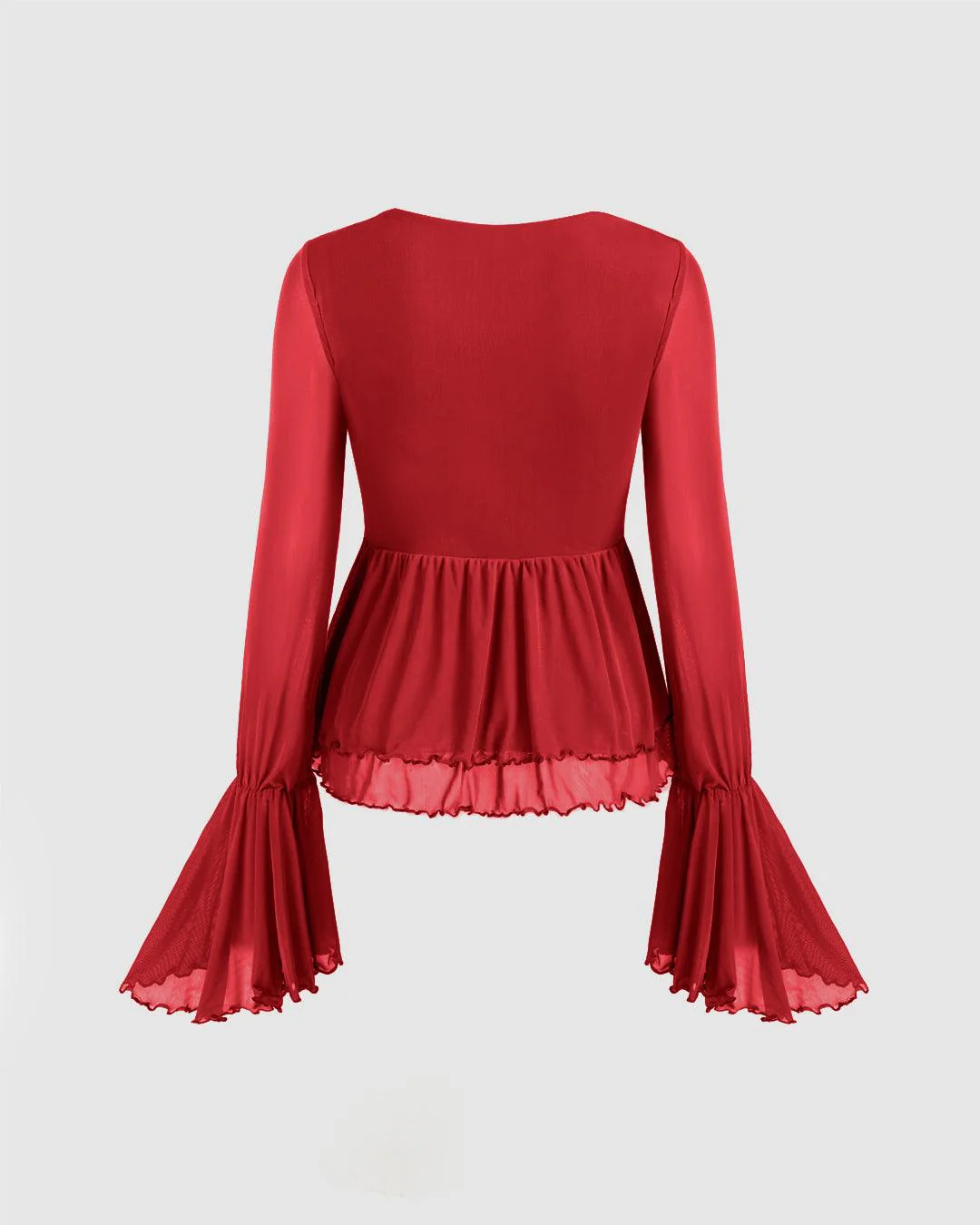 Flared Sleeve V Neck Tie-Up Ruffle Top in Red - Image 3