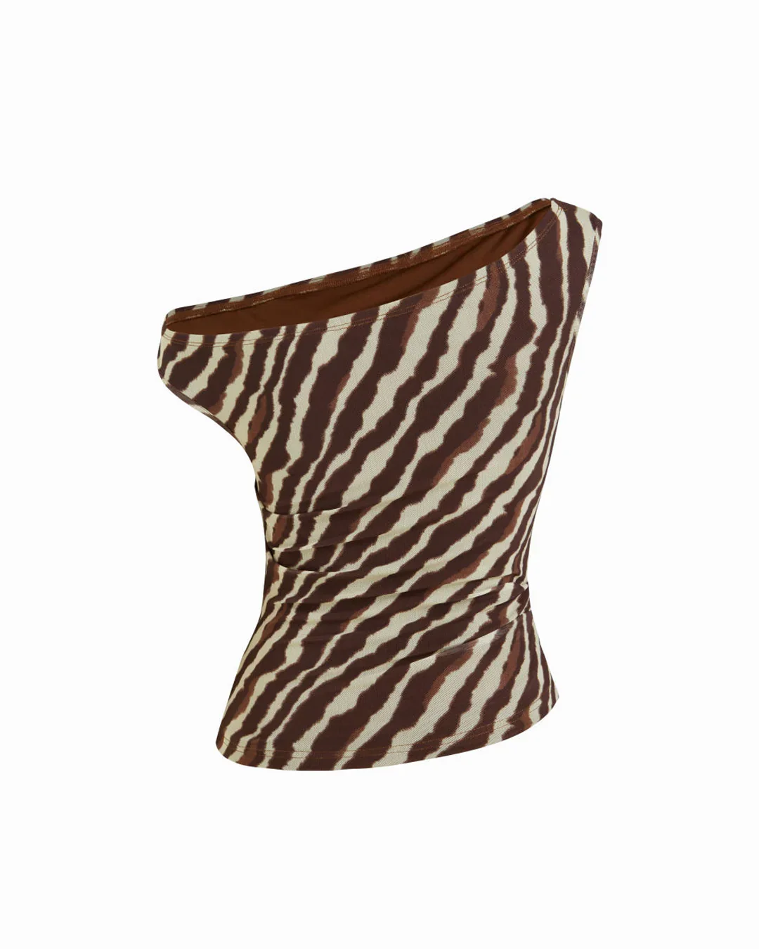 Mesh Zebra Striped Asymmetrical Neck Ruched Top - Image 2