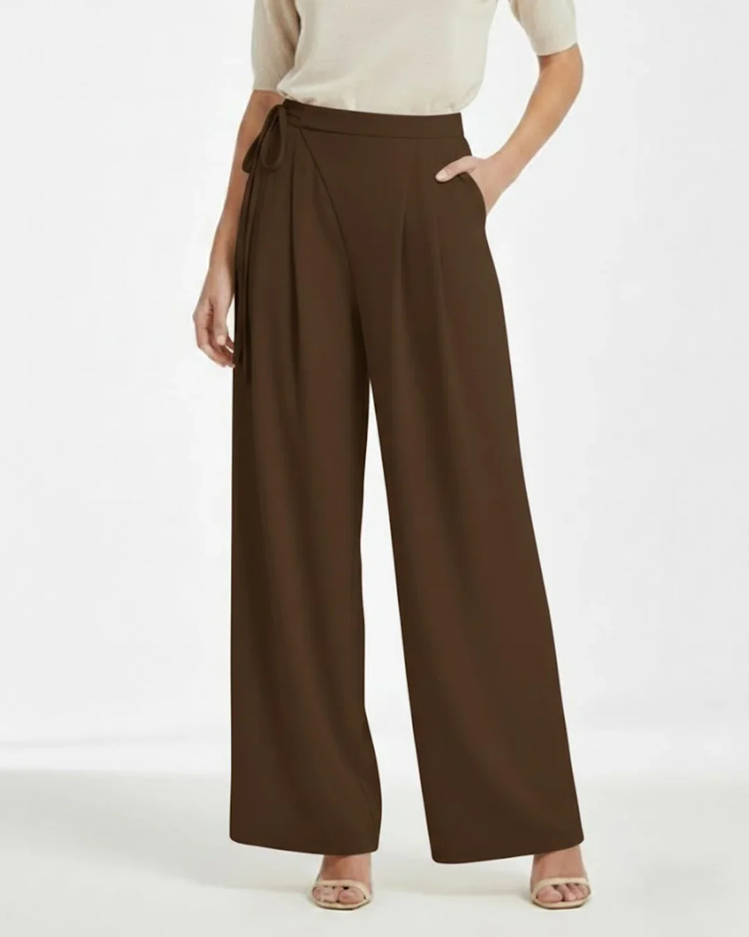 Mid Rise Drawstring Straight Leg Trousers in Coco Brown - Image 2