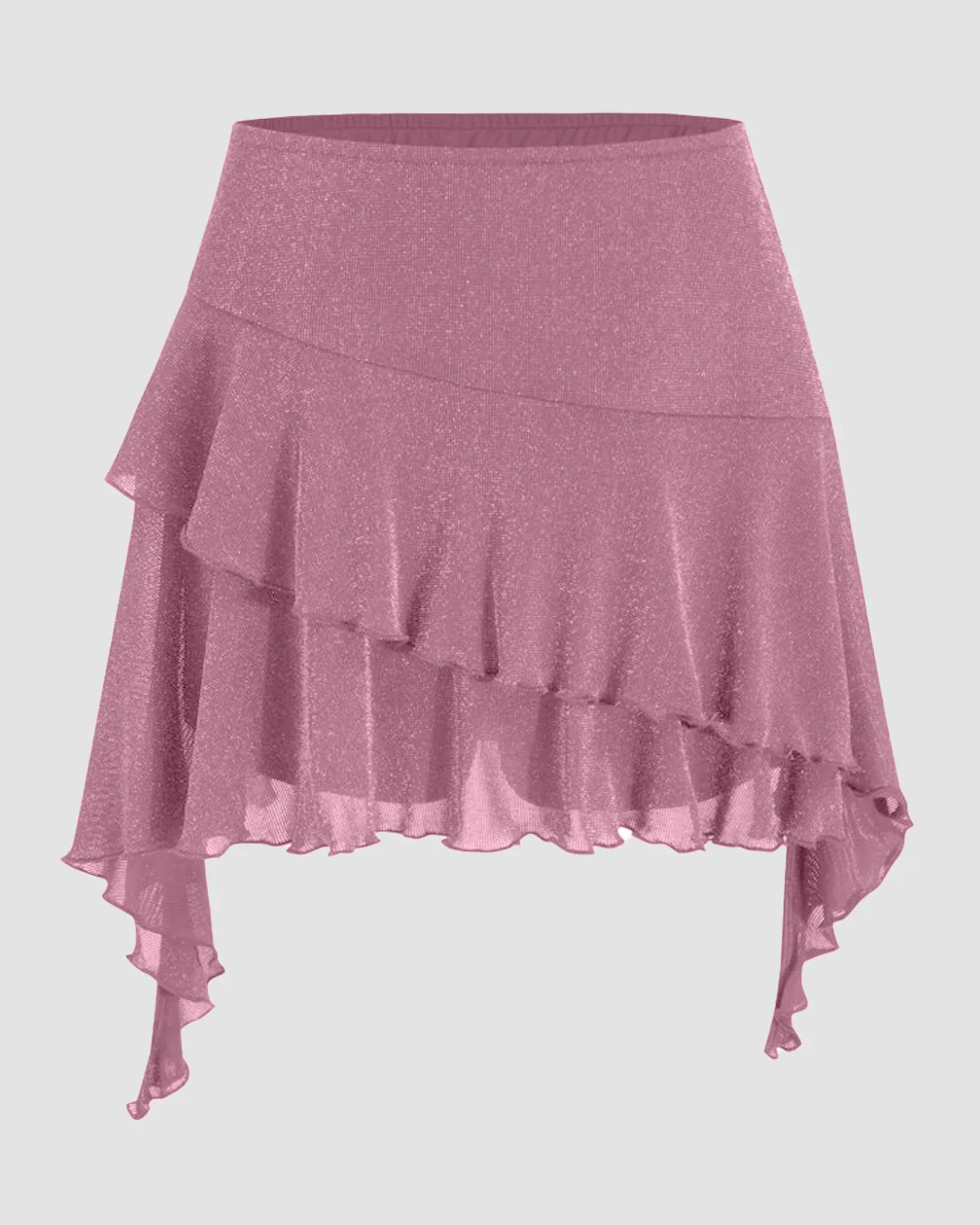 Mid Rise Glitter Ruffled Hem Layered Mini Skirt in Pink - Image 2