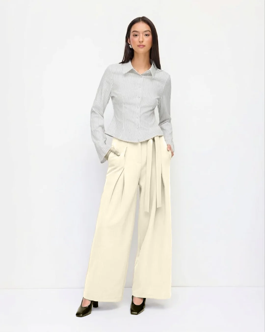 Mid Rise Pleated Tie Side Straight Leg Trousers in Beige - Image 3
