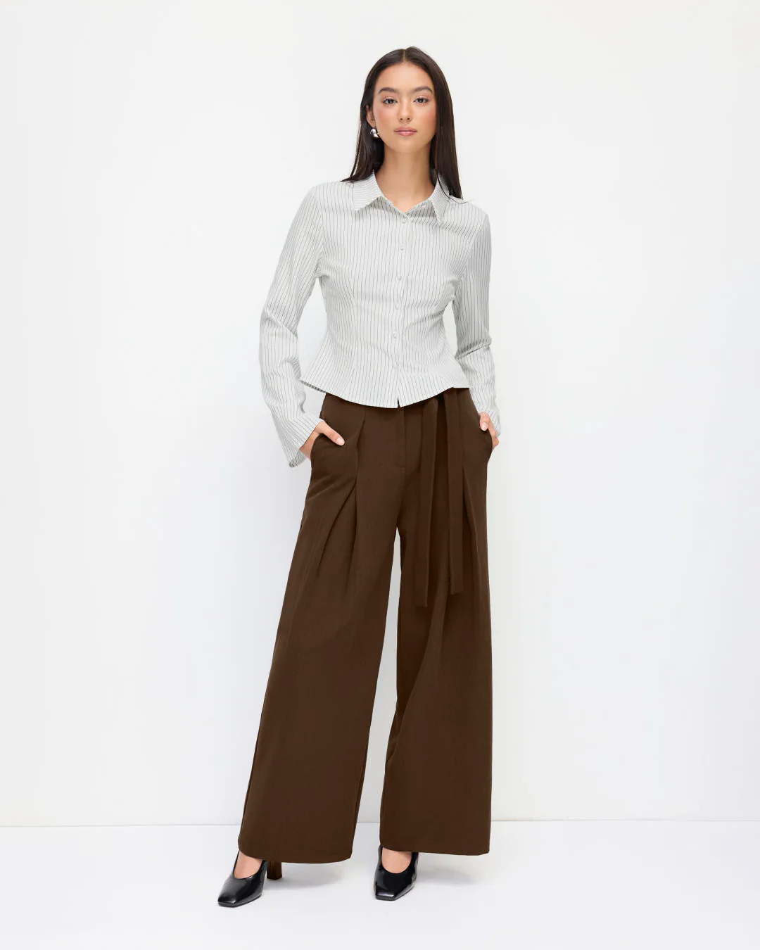 Mid Rise Pleated Tie Side Straight Leg Trousers in Coco Brown - Image 3