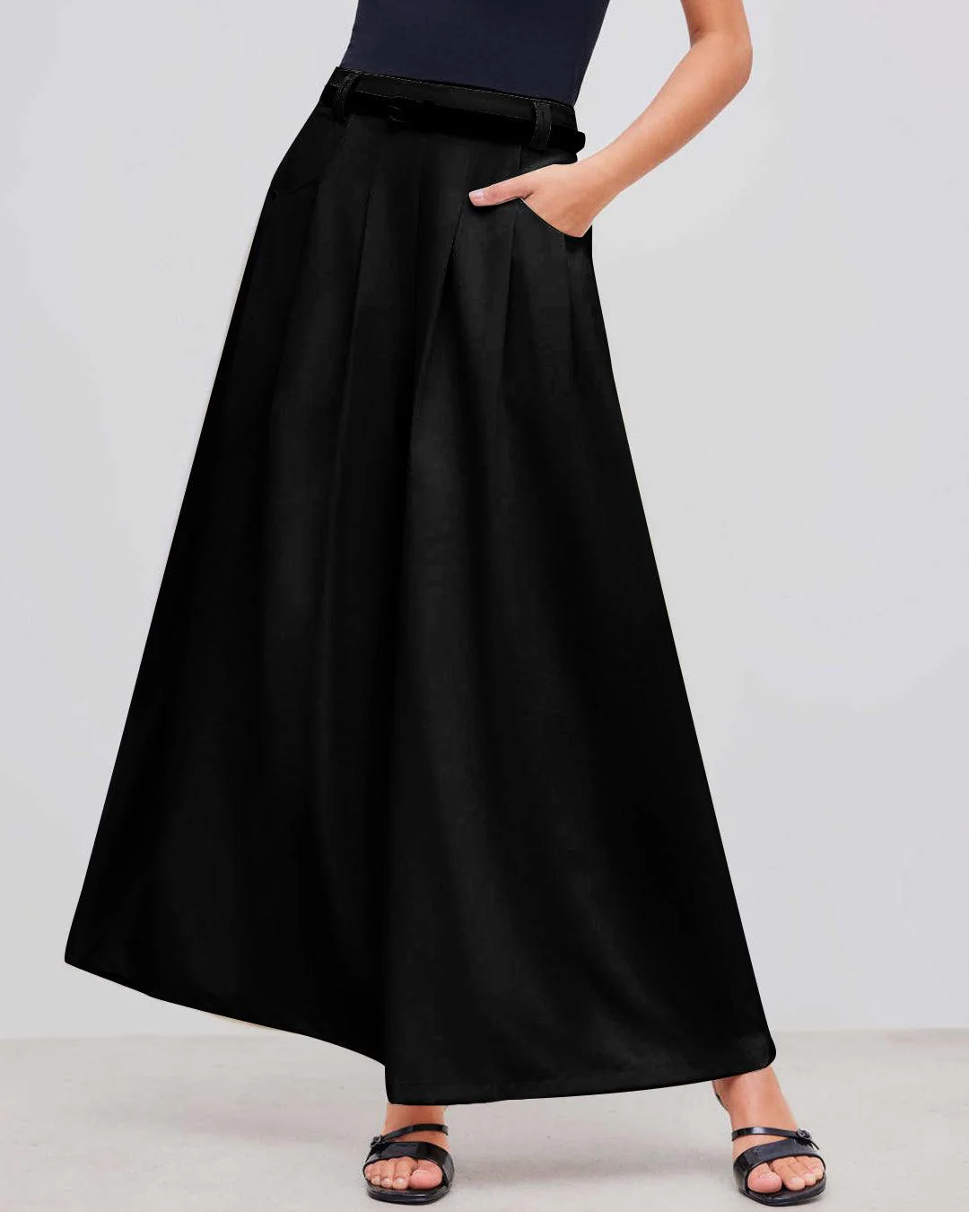 Mid-Rise Woven Black Wide-Leg Pleated Trousers Without Belt - Image 3