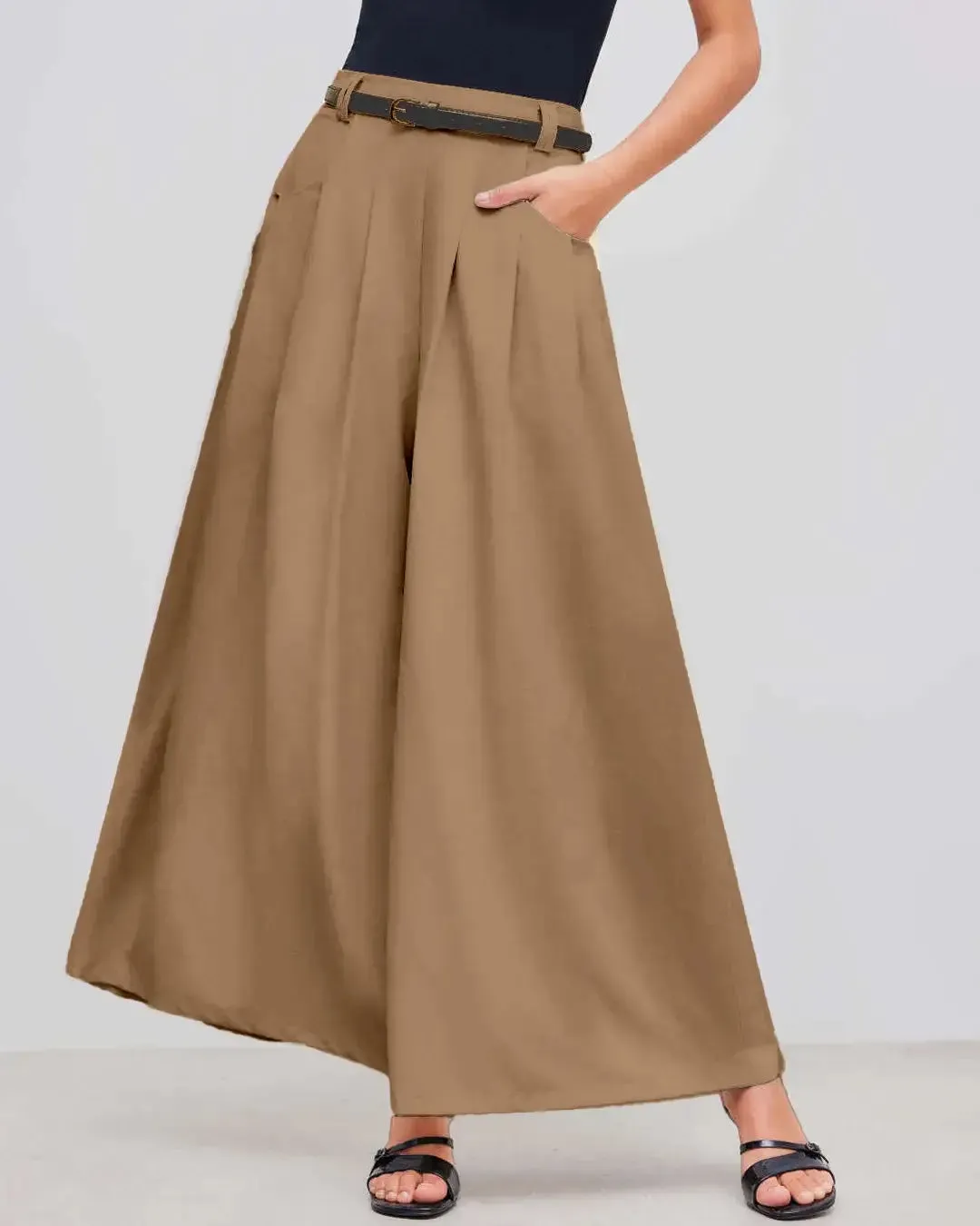 Mid-Rise Woven Wide-Leg Pleated Trousers in Mud Without Belt - Image 3