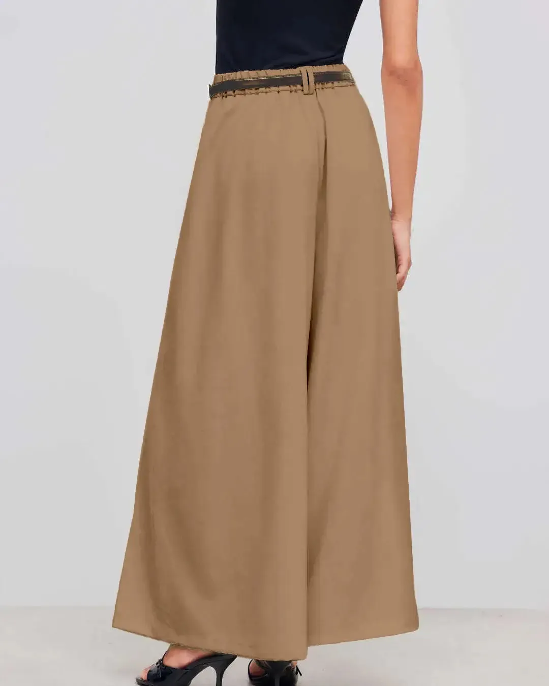 Mid-Rise Woven Wide-Leg Pleated Trousers in Mud Without Belt - Image 4
