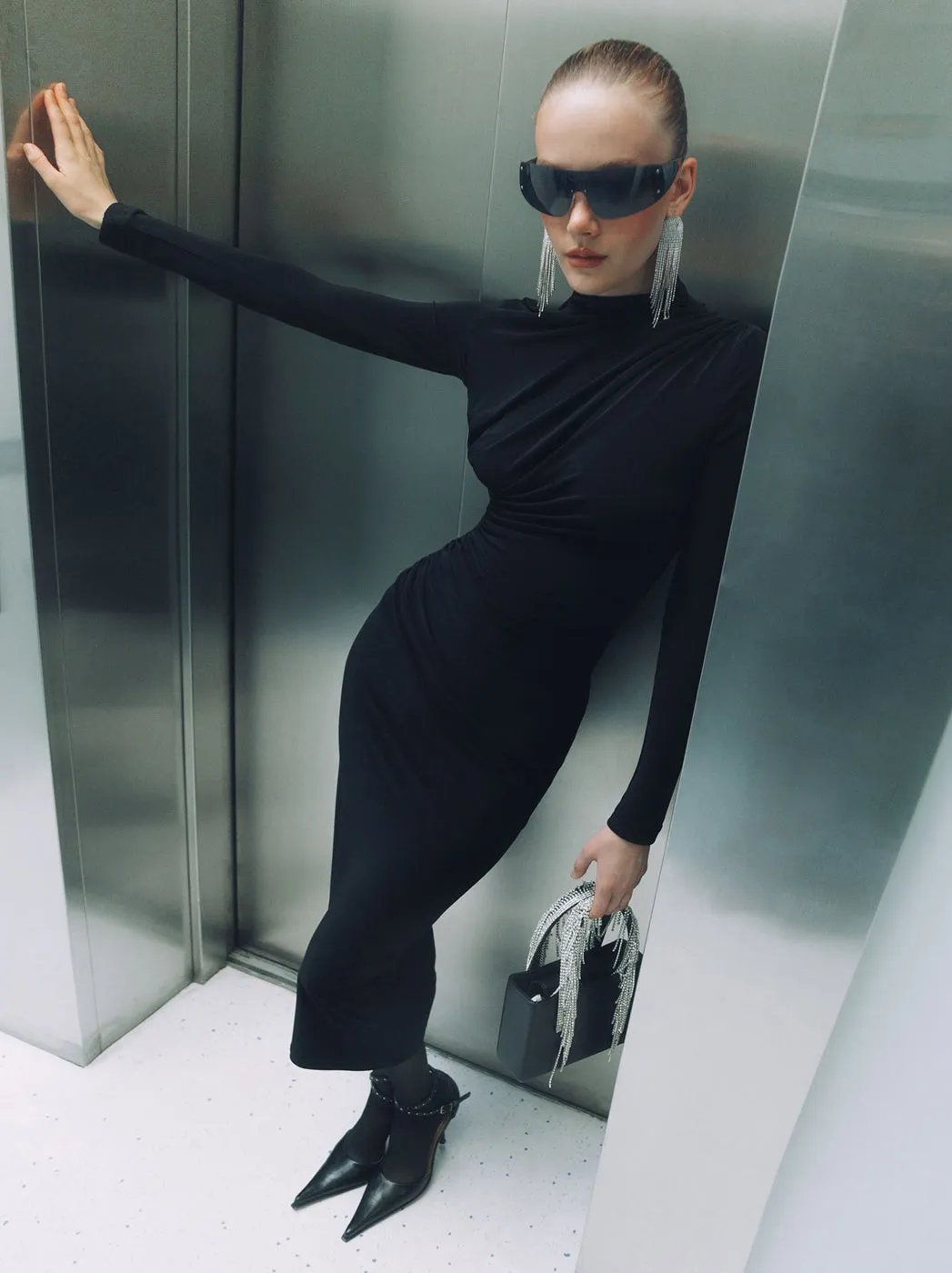 Midi Bodycon Dress In Black - Image 3