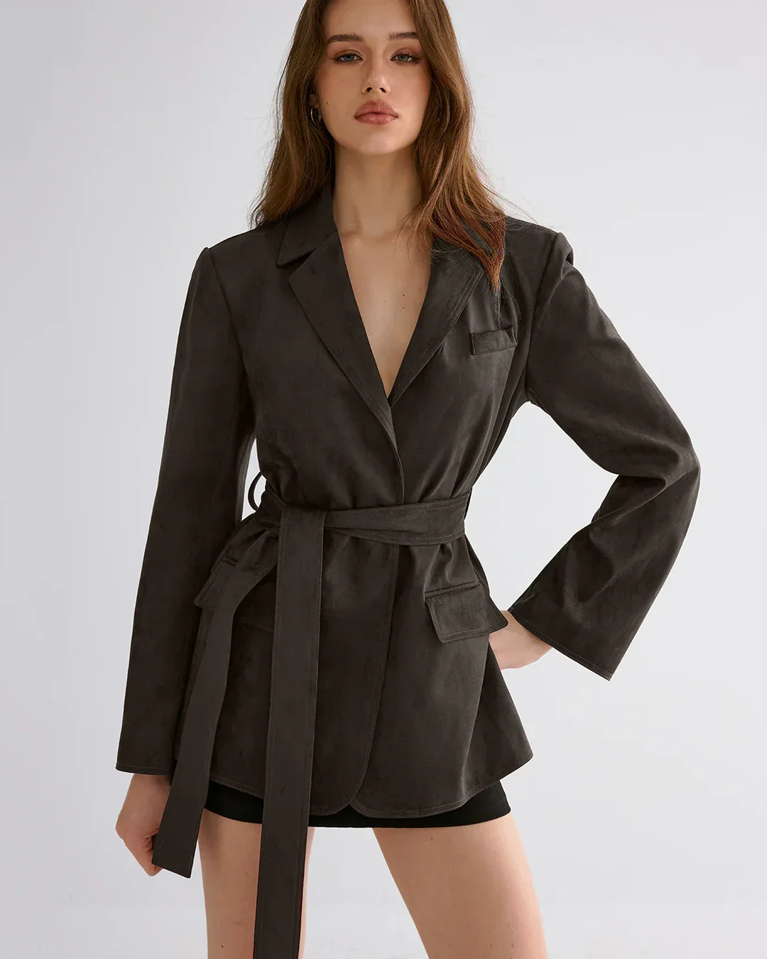 Minimal Belted Blazer in Brown - Image 2