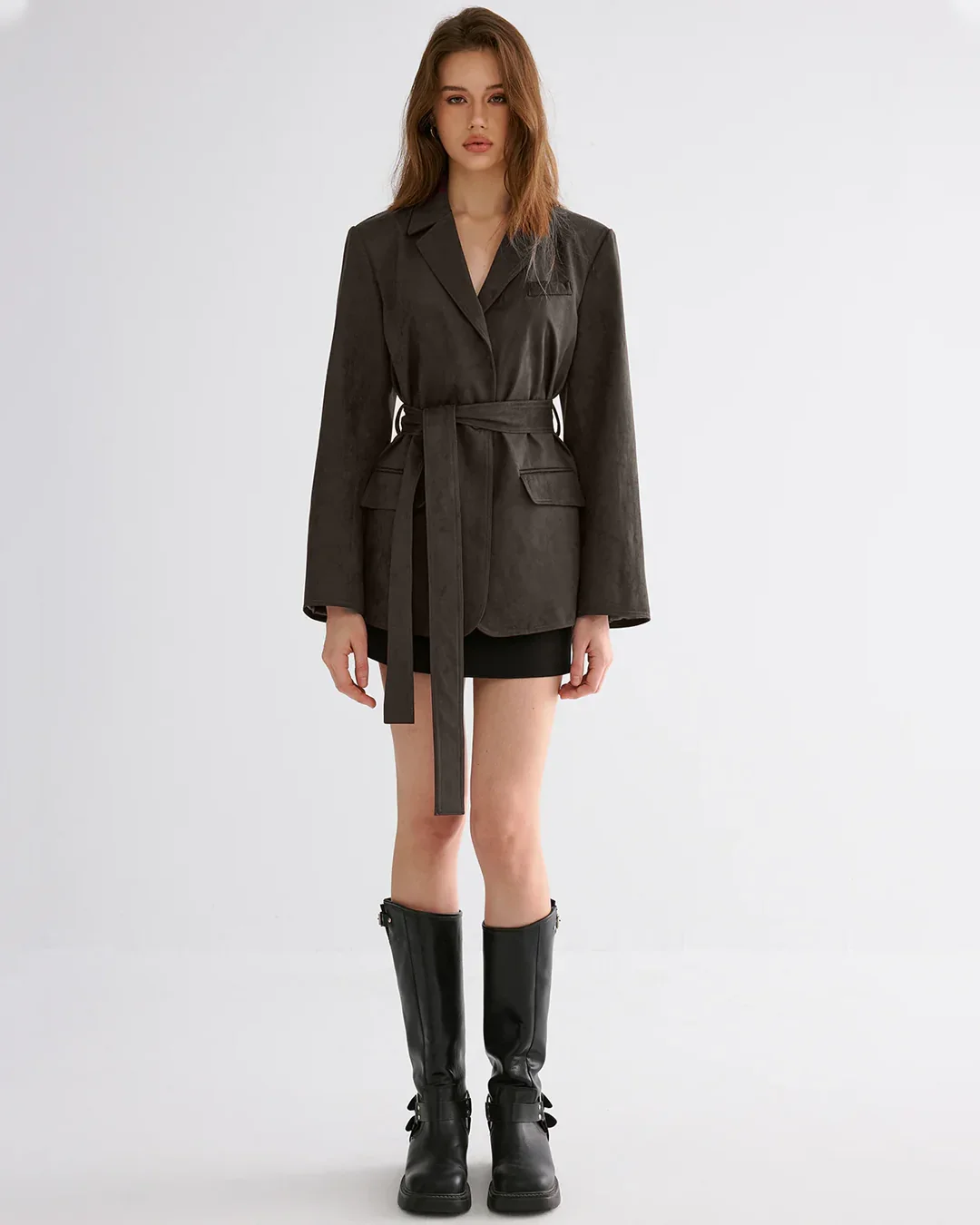 Minimal Belted Blazer in Brown - Image 3