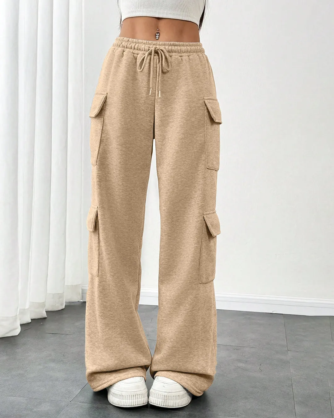 Minimal Brown Women's Cargo Trousers With Side Pockets and Drawstring Waist - Image 2