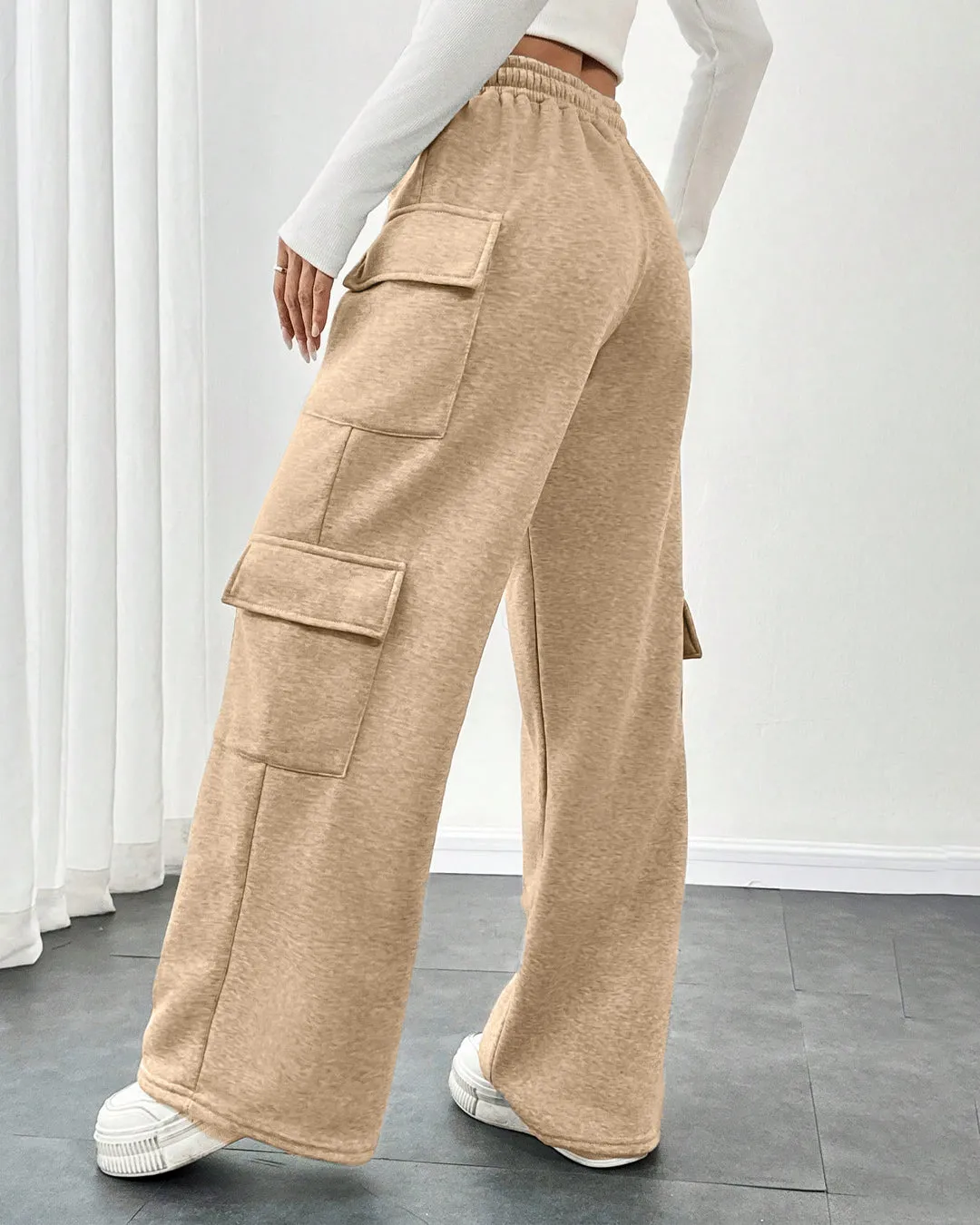 Minimal Brown Women's Cargo Trousers With Side Pockets and Drawstring Waist - Image 3