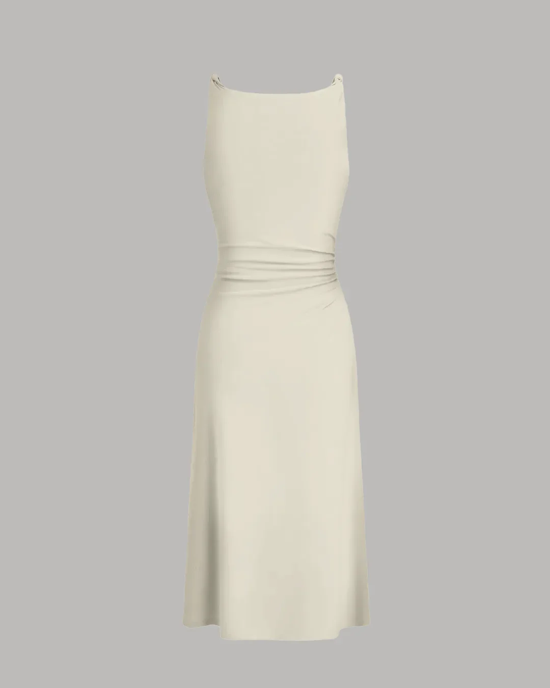 Minimal Cowl Neck Bodycon Dress in Beige - Image 2