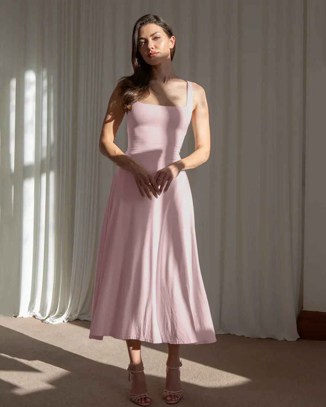 Minimal Fit and Flare Dusty Pink Midi Dress - Image 2