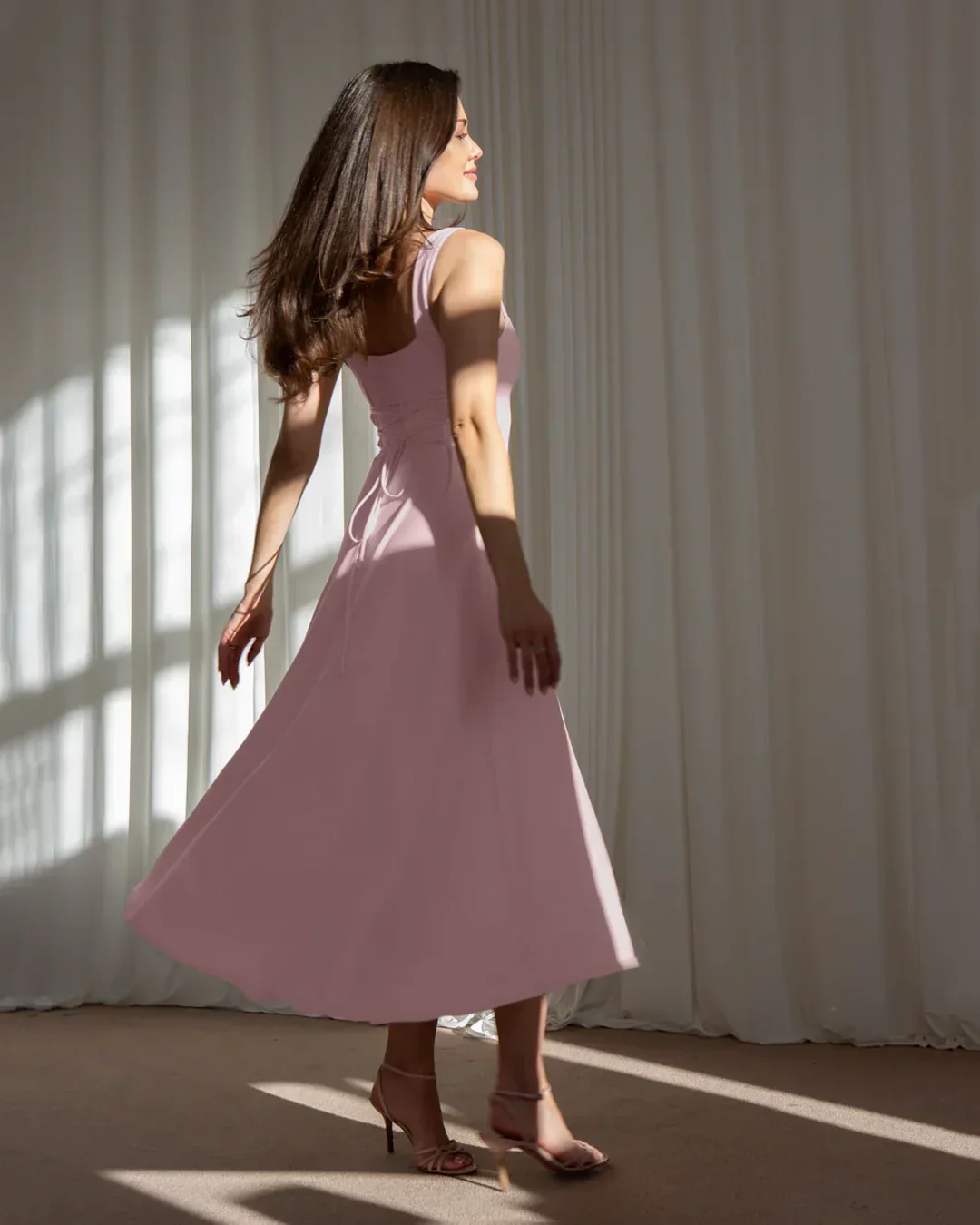 Minimal Fit and Flare Dusty Pink Midi Dress - Image 3