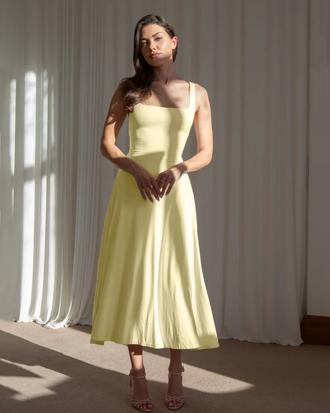 Minimal Fit and Flare Vanilla Midi Dress - Image 2