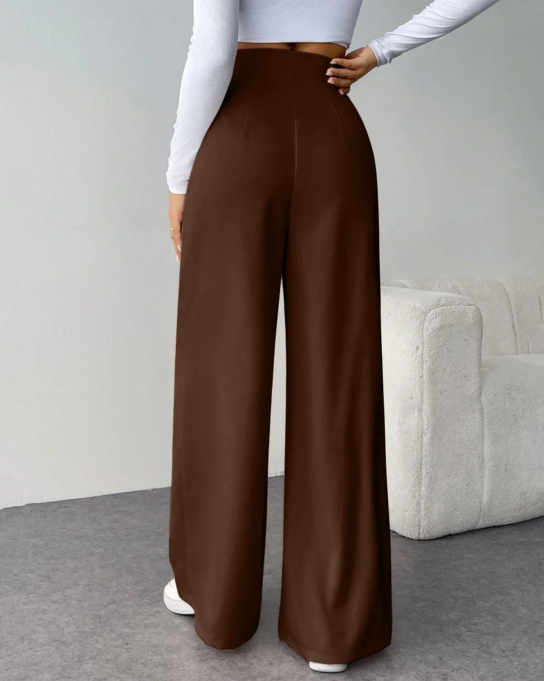Minimalist High-Rise Wide-Leg Casual Trousers in Dark Brown - Image 2