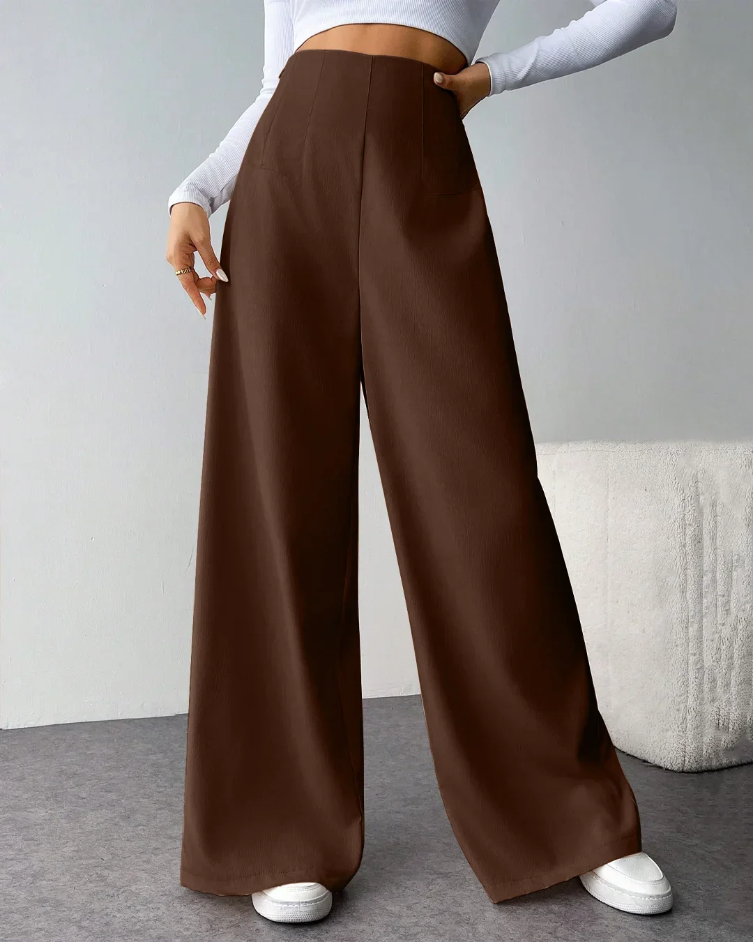 Minimalist High-Rise Wide-Leg Casual Trousers in Dark Brown - Image 3