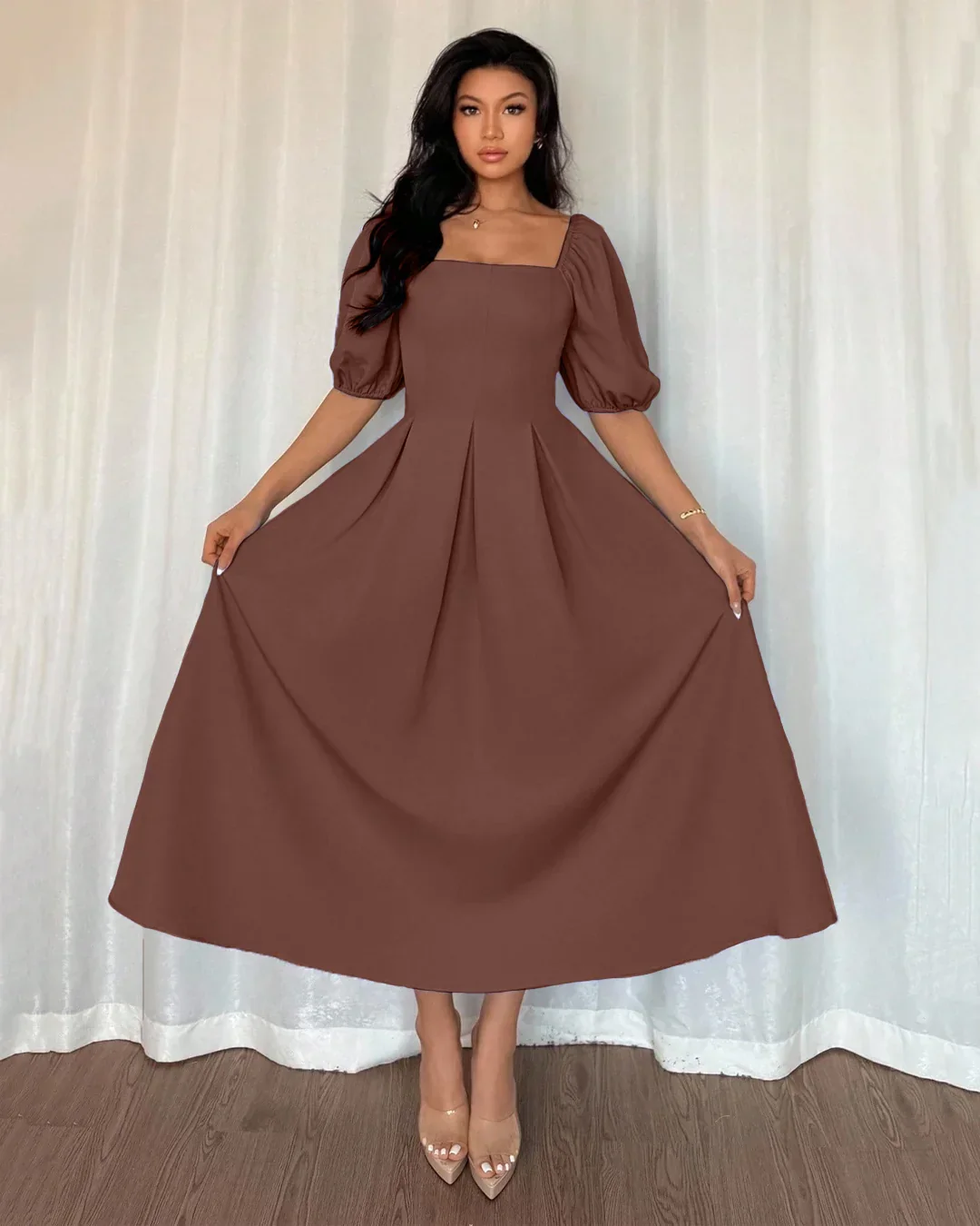 Minimalist Pleated Hem A Line Dress With Puff Sleeves in Brown - Image 2