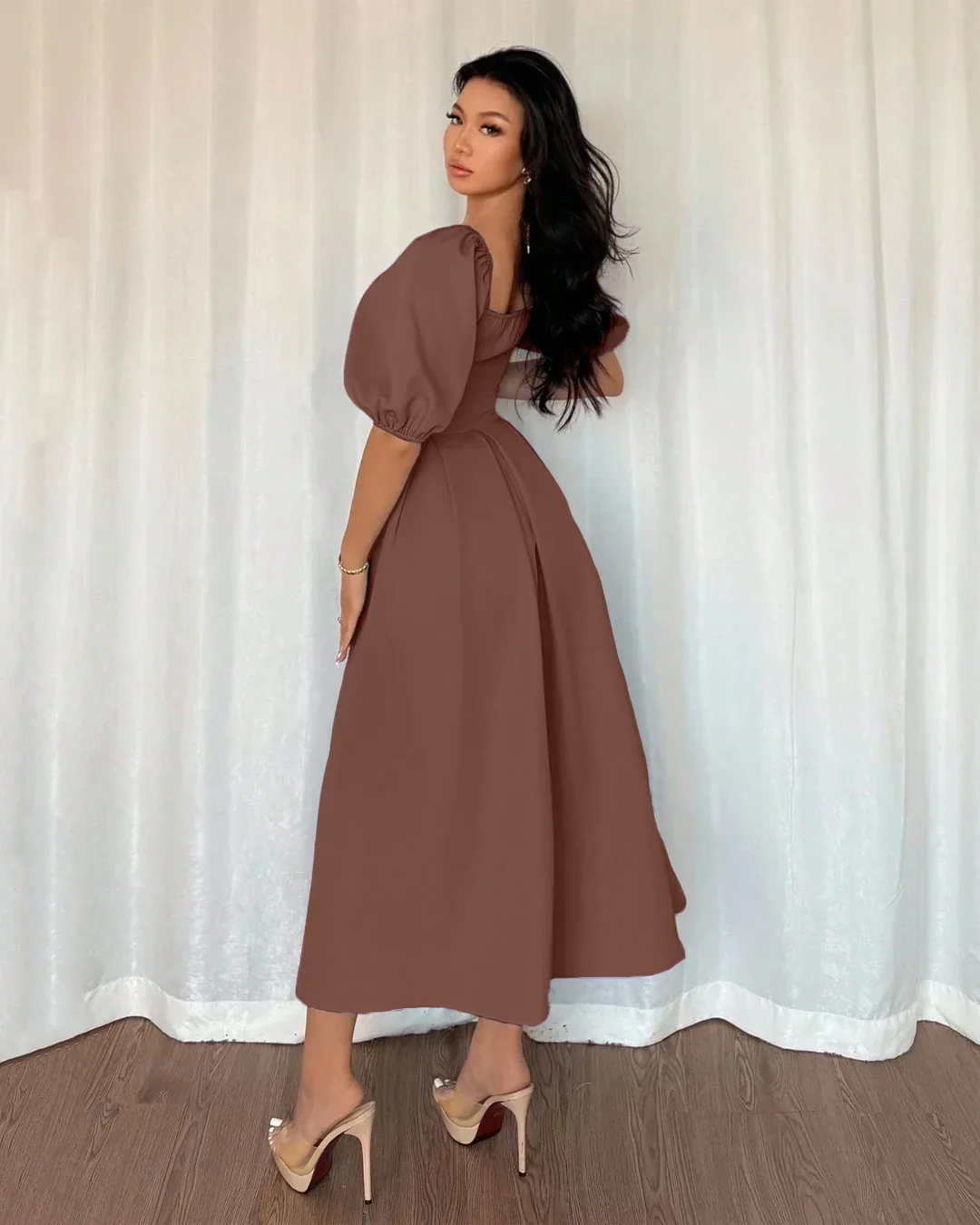 Minimalist Pleated Hem A Line Dress With Puff Sleeves in Brown - Image 3
