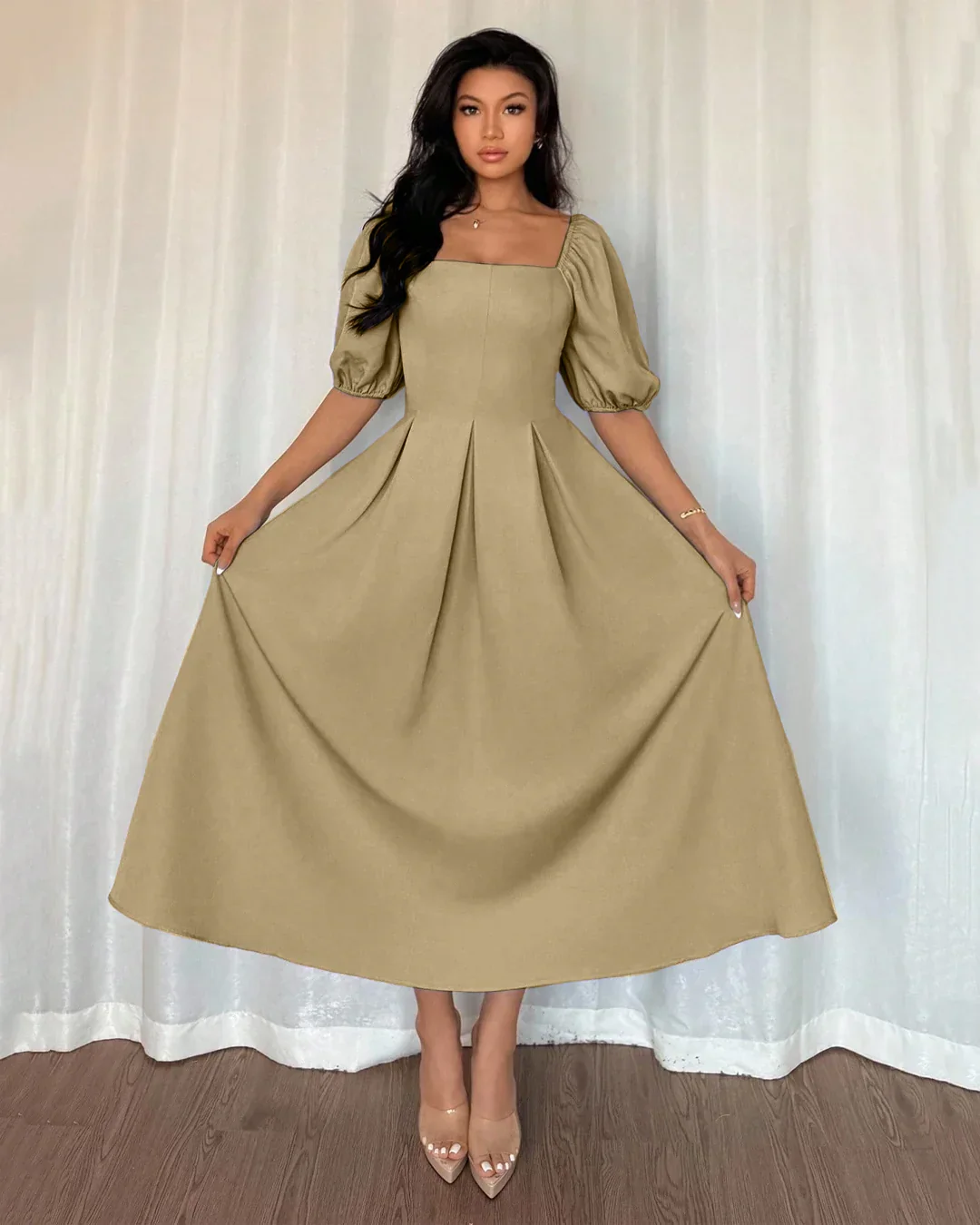 Minimalist Pleated Hem A Line Puff Sleeves Midi Dress in Mud - Image 2