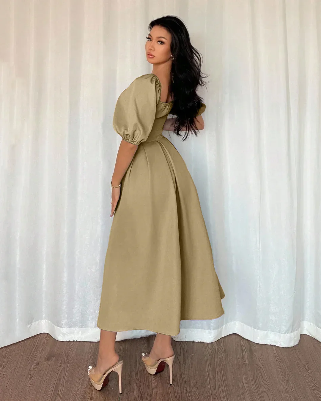 Minimalist Pleated Hem A Line Puff Sleeves Midi Dress in Mud - Image 3