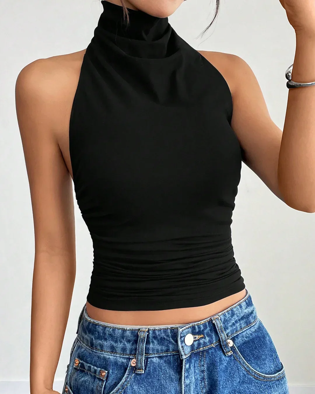 Minimalist Sleeveless High Neck Tank Top in Black