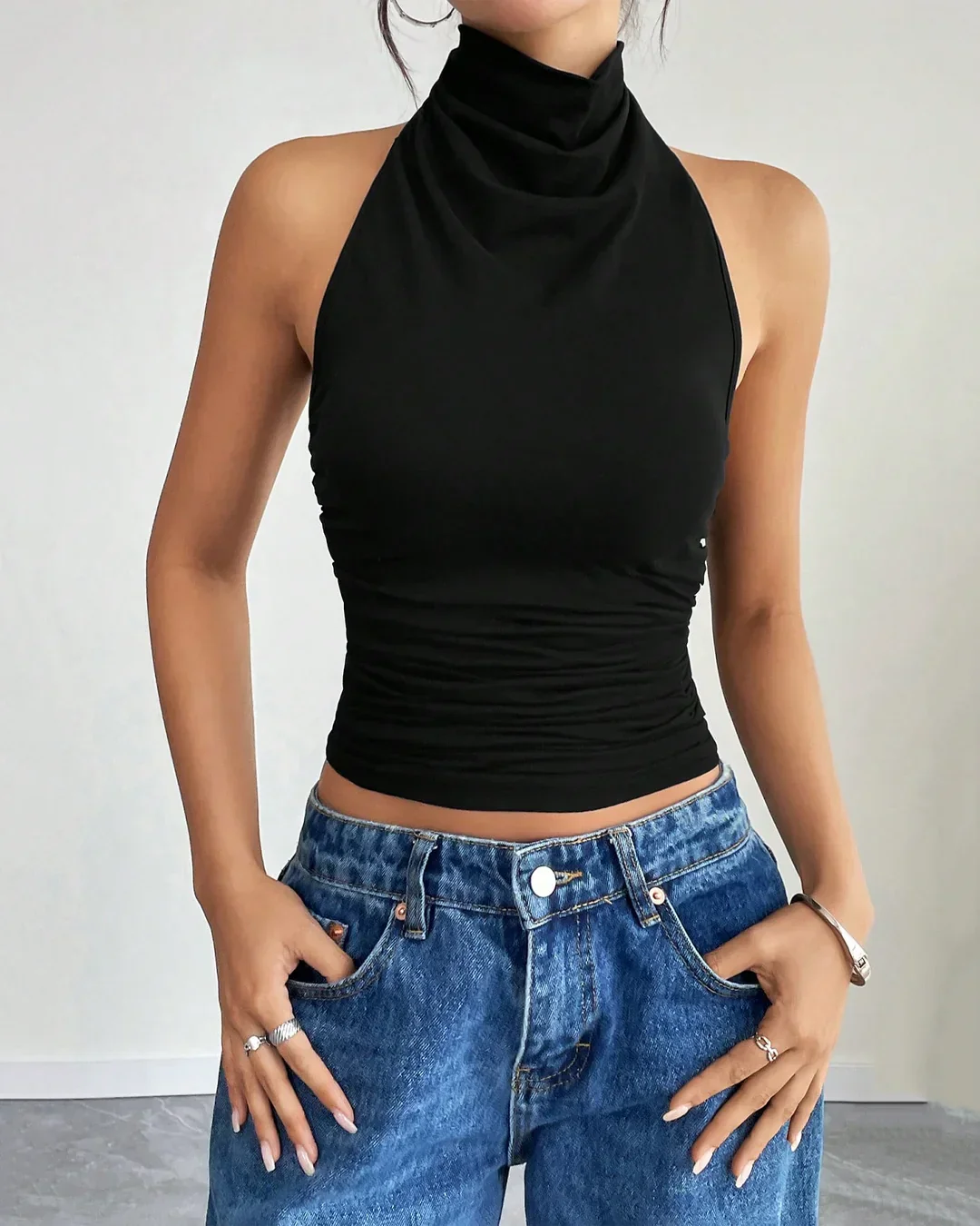 Minimalist Sleeveless High Neck Tank Top in Black - Image 2
