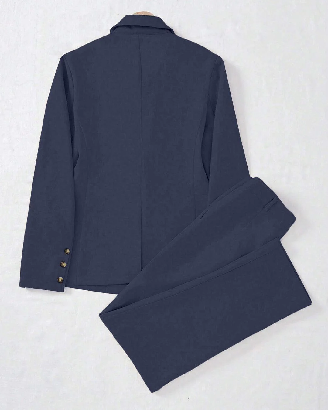 Minimalist Solid Color Notched Collar Single Button Business Suit Jacket & Pant Set In Navy Blue - Image 3