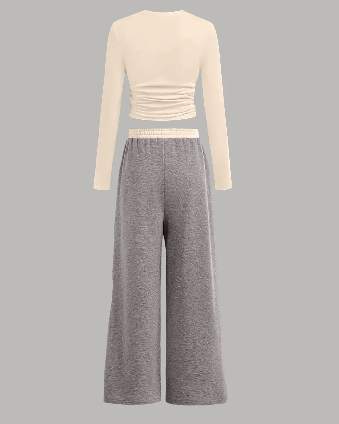 Melange Long Sleeve Fitted Top & Wide-Leg Pants Set - Image 2
