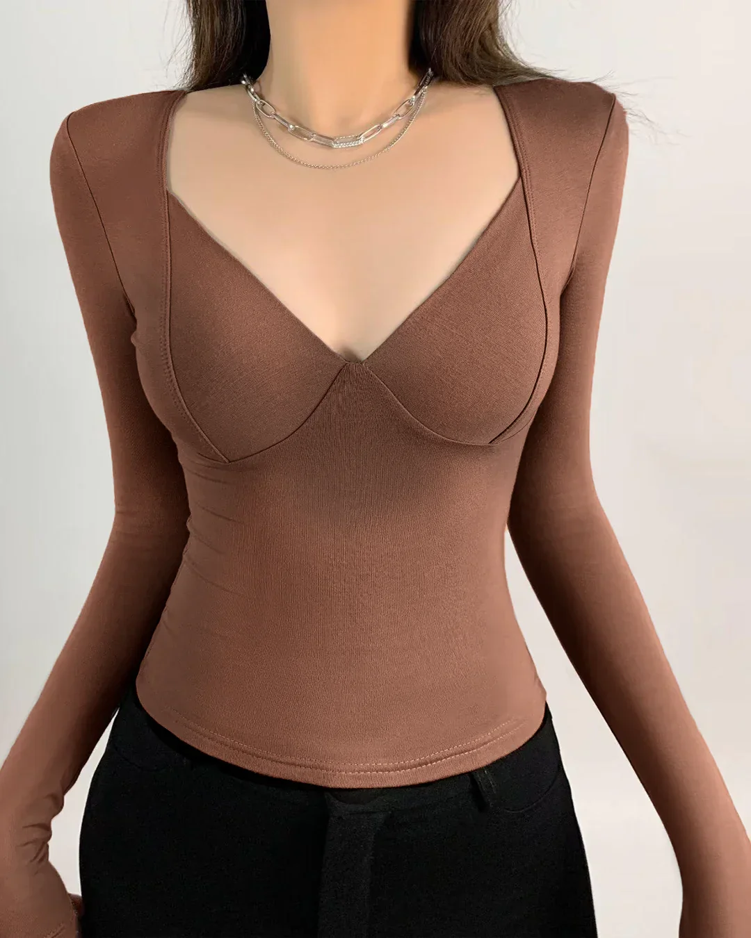 Mocha Mouse V-Neck Long Sleeve Top - Image 2
