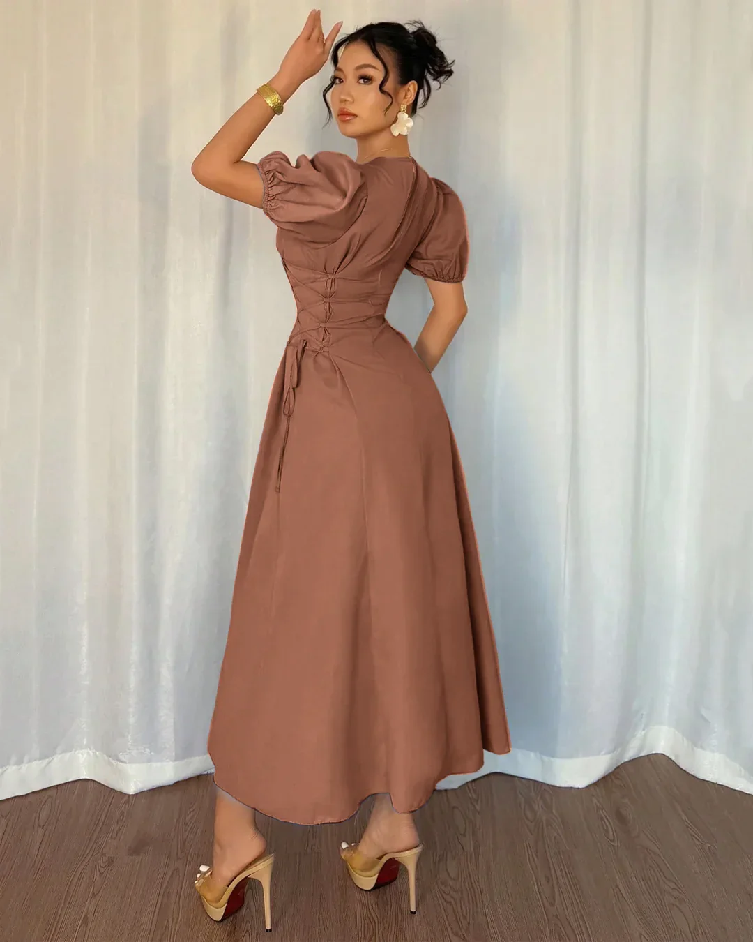 Mocha Puff Sleeve A-Line Midi Dress - Image 2
