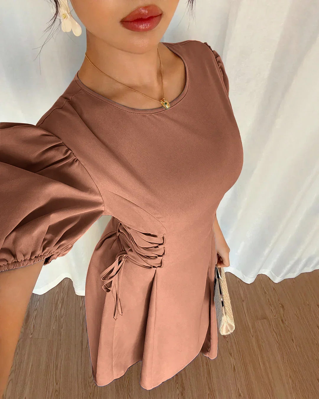 Mocha Puff Sleeve A-Line Midi Dress - Image 3