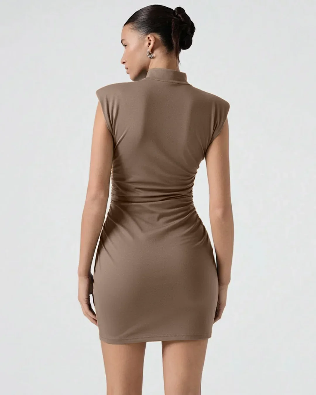 Mock Neck Bodycon Straight Hem Solid Cap Sleeve Mini Dress in Brown - Image 2