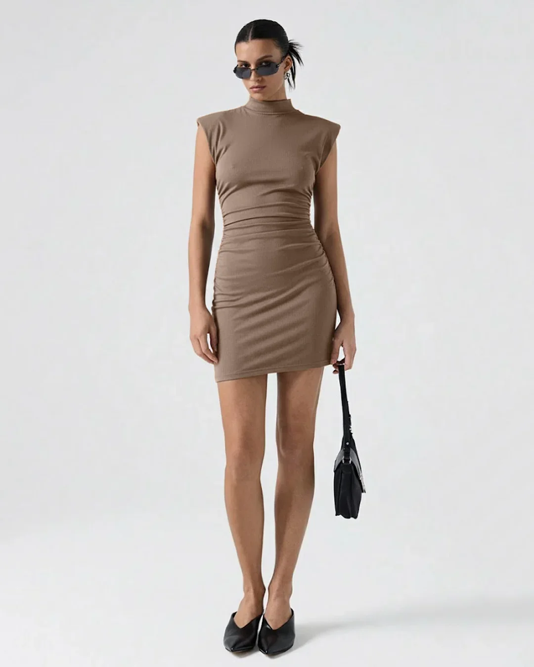 Mock Neck Bodycon Straight Hem Solid Cap Sleeve Mini Dress in Brown - Image 3