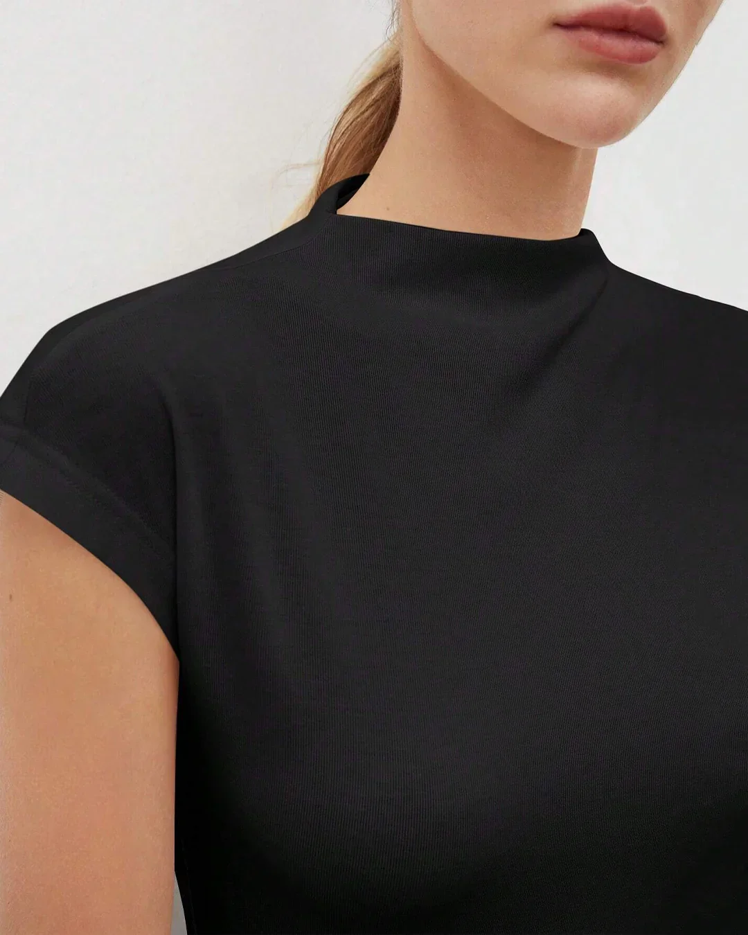 Mock Neck Cap Sleeve Fitted Top in Black - Image 3
