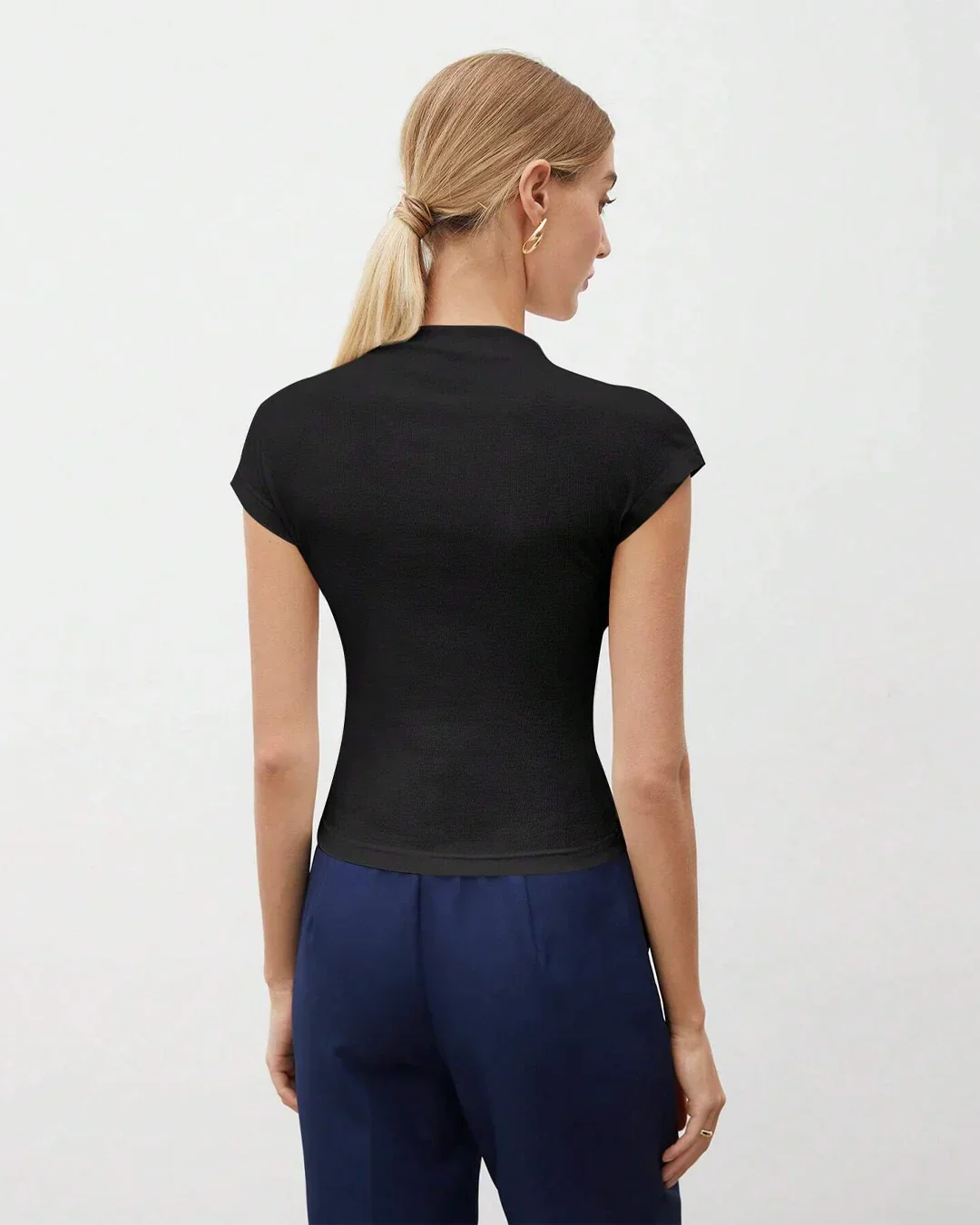 Mock Neck Cap Sleeve Fitted Top in Black - Image 4