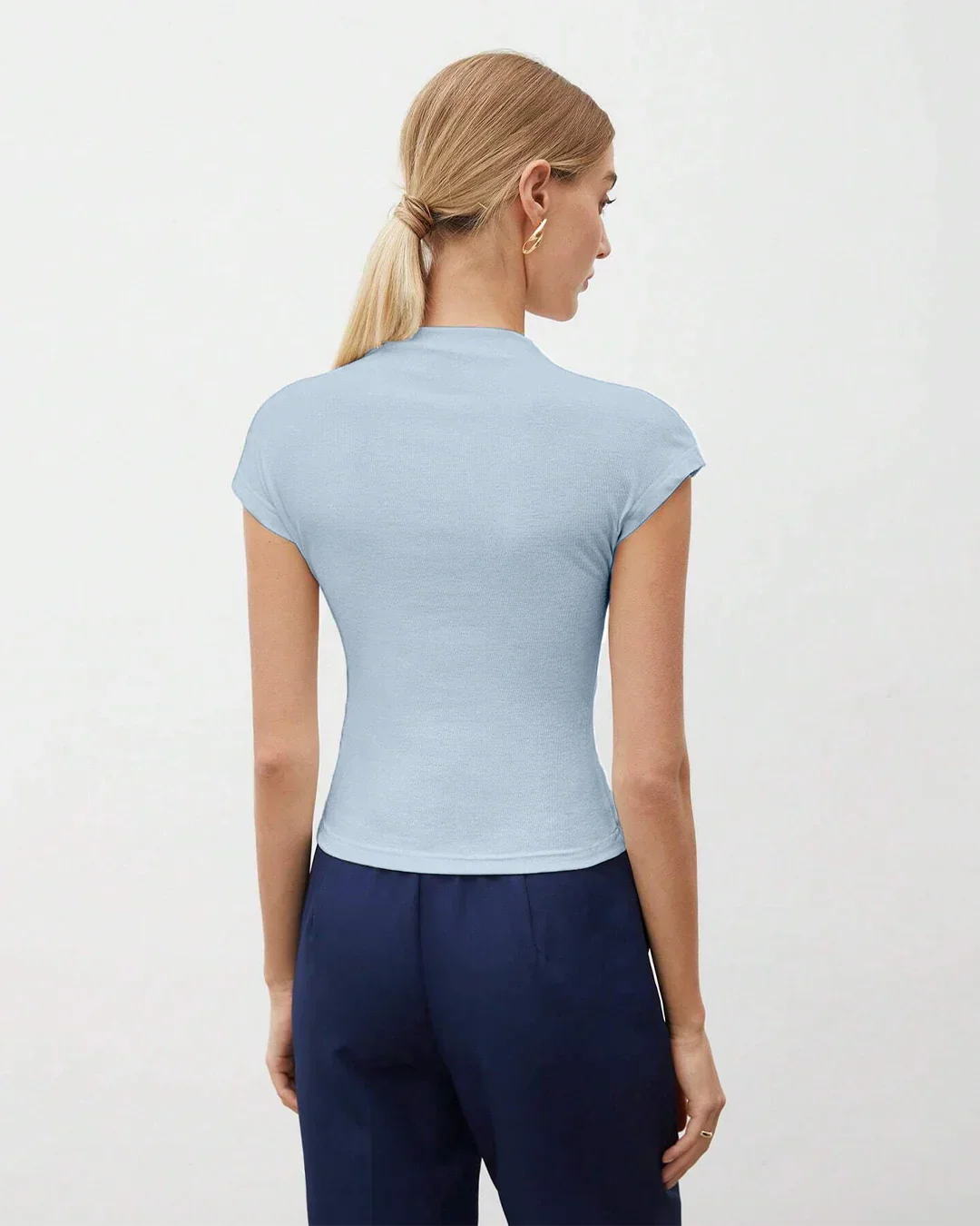 Mock Neck Cap Sleeve Fitted Top in Ice Blue - Image 4