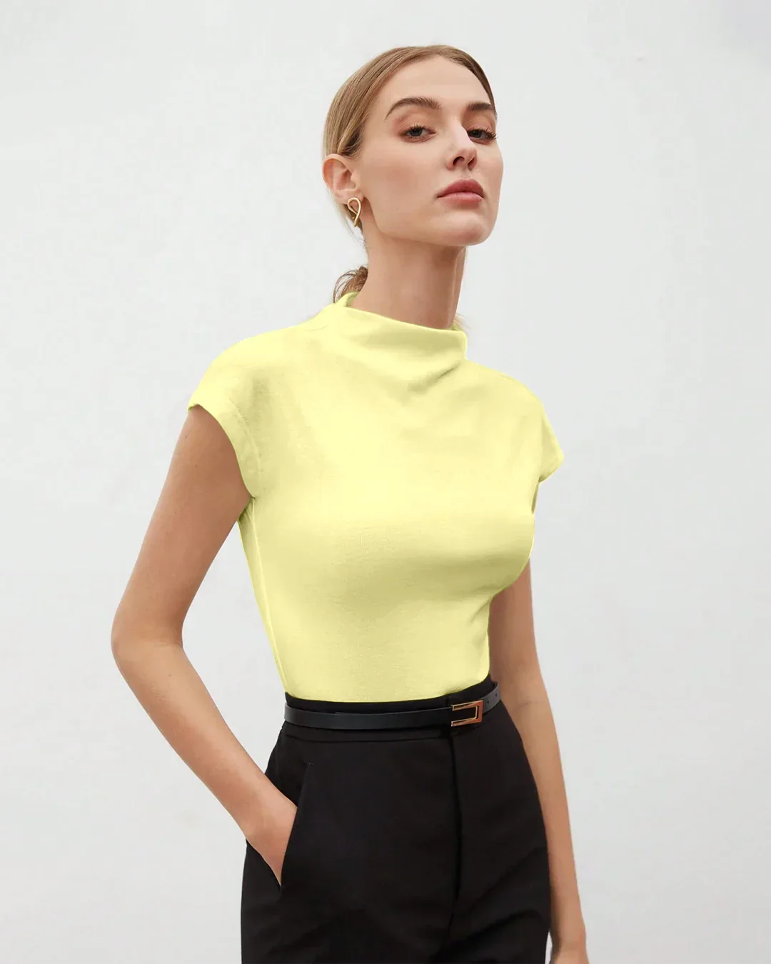 Mock Neck Cap Sleeve Fitted Top in Vanilla - Image 2