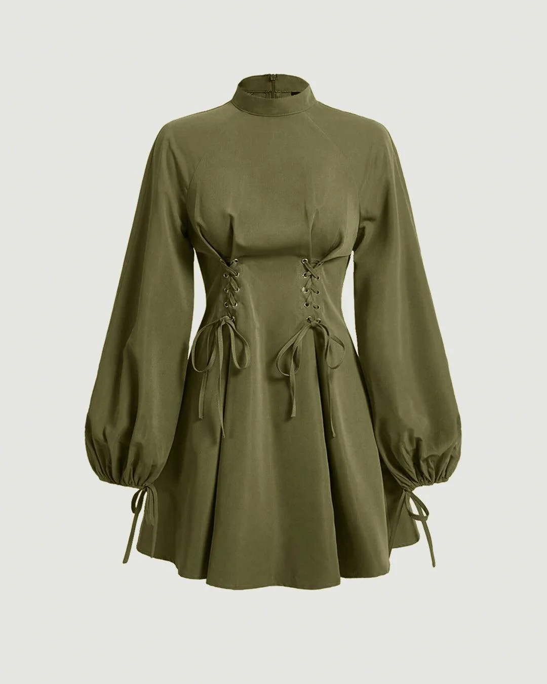 Mock Neck Lace Up Front Lantern Sleeve Green Dress