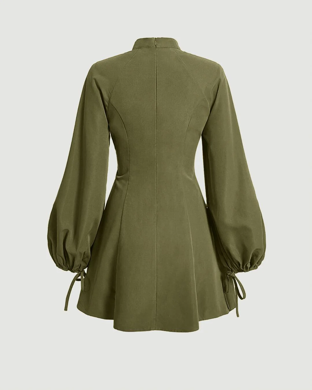 Mock Neck Lace Up Front Lantern Sleeve Green Dress - Image 2