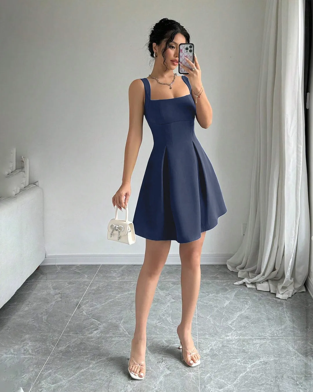 Navy Blue Fit and Flare Sleeveless Mini Dress - Image 2