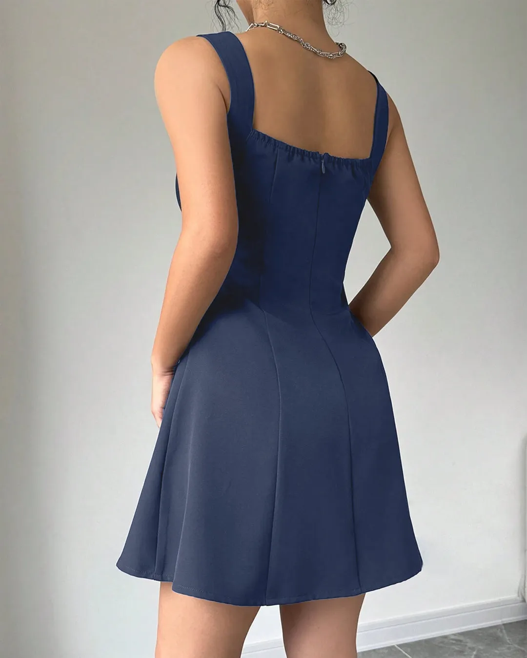 Navy Blue Fit and Flare Sleeveless Mini Dress - Image 3