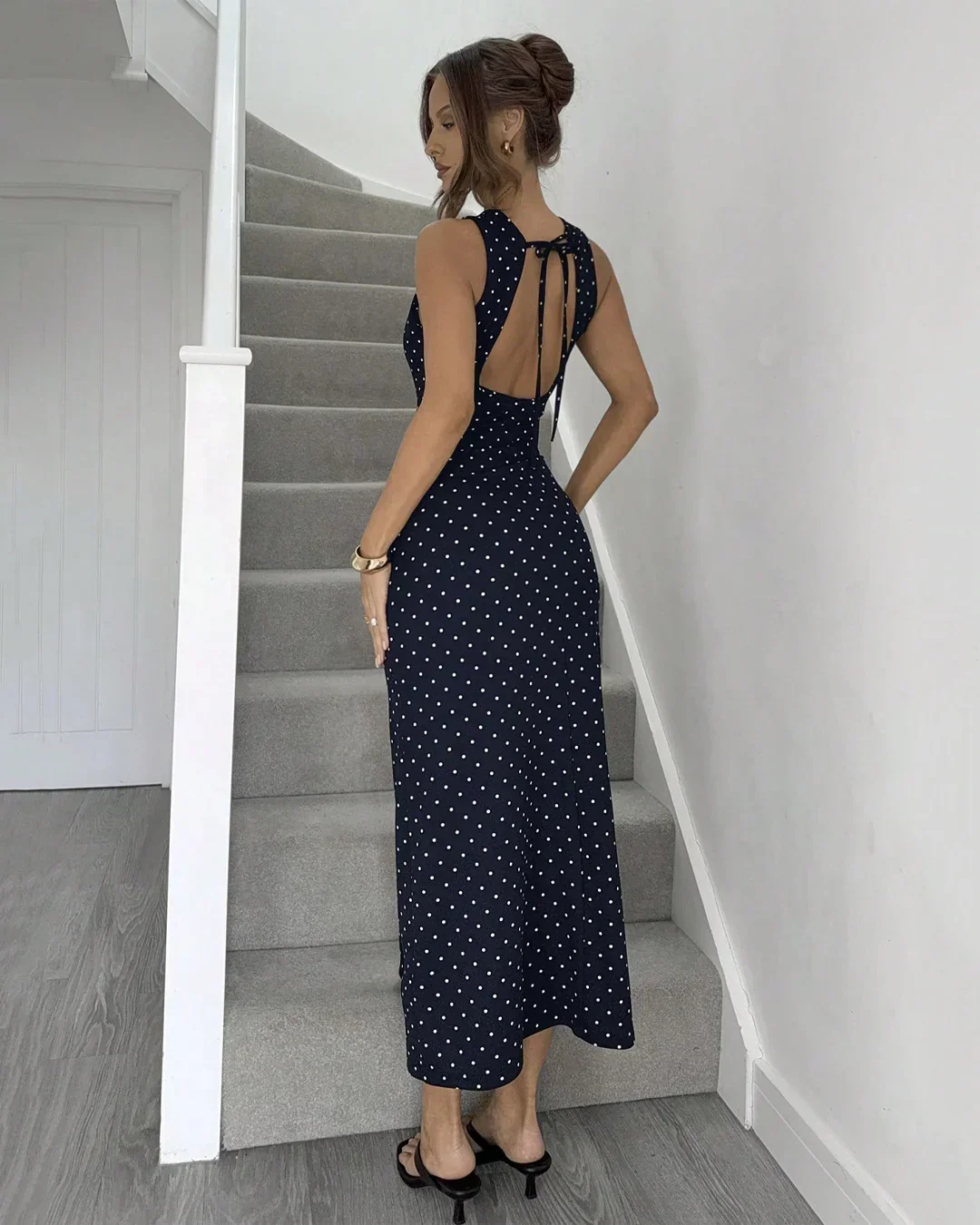 Navy Blue Polka Dot Tie-Strap Open Back Maxi Dress - Image 2