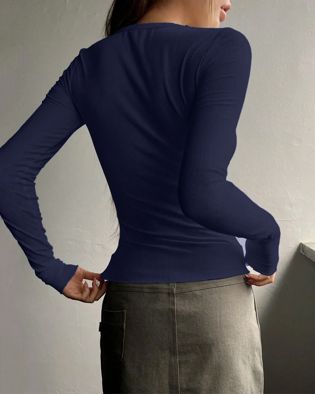 Textured Ribbed Notch Neck Full Sleeve Top in Navy Blue - Image 3