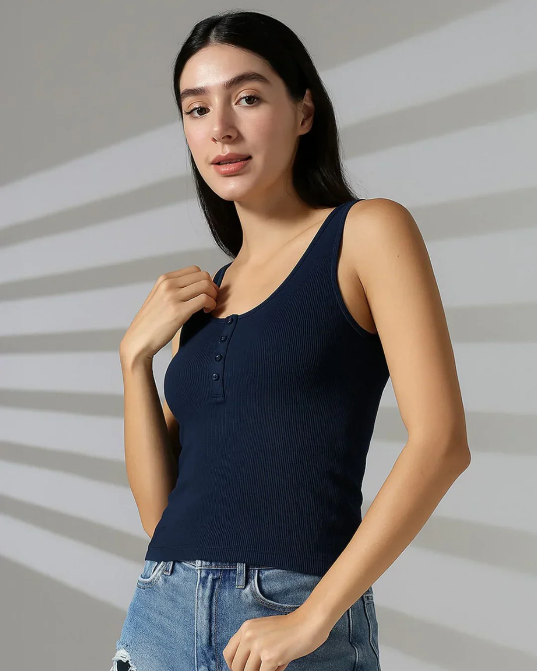 Navy Blue Ribbed Scoop Neck Tank Top with Buttons - Image 2