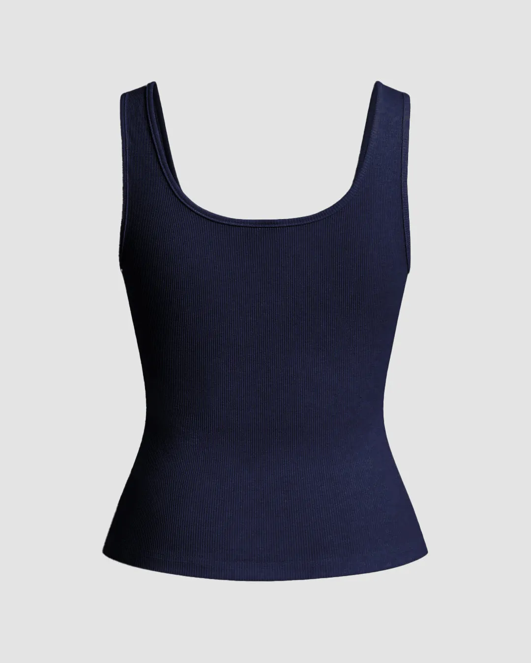 Navy Blue Ribbed Scoop Neck Tank Top with Buttons - Image 3