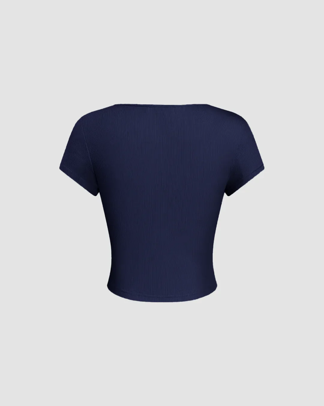 Navy Blue Ribbed Square Neck Lace Trim Top - Image 2