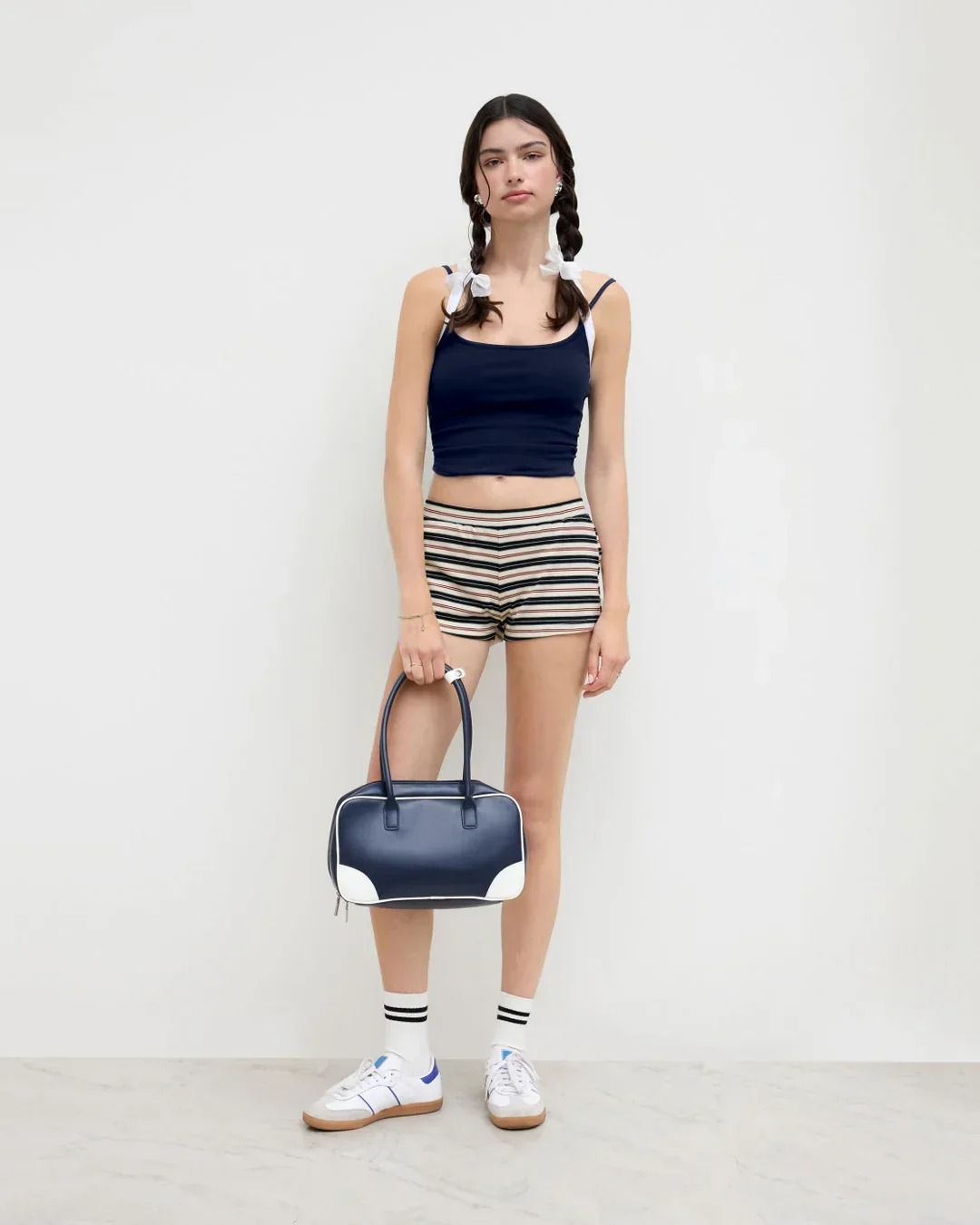 Navy Blue Ruched Halter Neck Knotted Cami Top - Image 3